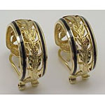 14k Gold Maile Hawaiian Hoop Earrings with Black Enamel Border 7.2g